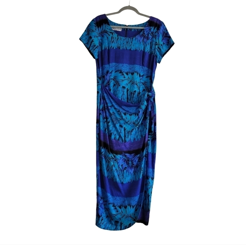 VTG Jessica Howard M/L Blue Faux Wrap Tropical Maxi Dress